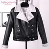 Aelegantmis Herbst Winter Lederjacke Frauen Faux Pelzmantel Damen Dünne Kurze Motorcyle Biker Jacke Grundlegende Warme Plüsch Oberbekleidung 211204