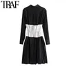 Vrouwen chique mode met sjerpen geplooid midi shirt jurk vintage lange mouw zijopeningen vrouwelijke jurken vestidos 210507