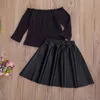 2-7y criança criança meninas roupas definir off ombro de malha tops pu couro saias outfits outono inverno crianças trajes 210515