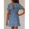Foridol tournesol imprimé Boho robe femmes ceinture à volants courte plage robe d'été décontracté bleu Vintage Mini robe florale 210415