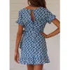 Foridol Sunflower Print Boho Dress Women Sash Ruffle Short Beach Summer Dress Casual Blue Vintage Mini Floral Dress 210415