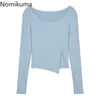 Nomikuma Slim Fit Nieregularne koszulki T Women Solid Color O Neck Z Długim Rękawem Podstawowe Topy Przyjazd Split Design Graphic Tshirts 210514