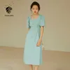 FANSILANEN Büro Dame Sanfter Wind Puffärmel Hohe Taille Kleid Frauen Sommer Französisch Retro Quadrat Kragen Schlank A-linie Rock 210607