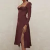 Seksi Düşük Kesim Midi Elbise Katı Parti Kulübü Bodycon Straplez Yüksek Bölünmüş Elbiseler Kadınlar İlkbahar Sonbahar Rahat Vestidos Sıcak 210409