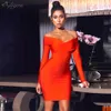 Summer Ladies Orange Bandage Dress Sexy scollo a V manica lunga Bodycon Club Mini Celebrity Party 210527