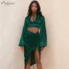 Ladies Green 2 Two-Piece Fashion Long-Sleeved Short Top And Pleated Skirt Sexy Tight Celebrity Party Suit 210527