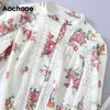 Chic Lace Parchwork Floral Print Blus Kvinnor Casual Stand Collar Loose Shirt Kvinna Långärmad Vintage Toppar 210413