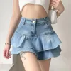 Etekler Kadın Ruffles Denim Etek Yüksek Bel Mavi Jean Tatlı Mini Kore Tarzı Mujer Faldas Lolita Katı Giysiler