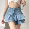 Kjolar Kvinnor Ruffles Denim Skirt Hög midja Blå Jean Sweet Mini Koreansk stil Mujer Faldas Lolita Solid kläder