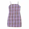 Preppy Gingão roxo Verificação xadrez espaguete spaghetti cinta mini vestido menina colar de garota slash cintura sling vestidos curtos vintage 210429