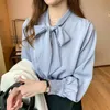 Women's Fashion Autumn and Winter Korean Satin Chiffon Shirt Bow Loose Long-Sleeved Tops Solid Color Blouse P383 210527