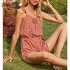 Tie Front Ruffle Band Hoge Taille Rompertjes Dames Zomervakantie Casual Boho Floral Print Mouwloze Strand Playsuit 210510