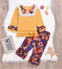 レースの花の女の子セット赤ちゃんの黄色い長袖Tシャツ+花柄プリントパンツ2本の服装スーツの服1-5Y L22 210610