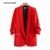 Chic Candy Einfarbig geraffte Manschette Mittellanger Blazer mit Futter Frau Schalkragen Slim Fit Anzug Freizeitjacke Mantel Oberbekleidung 210330