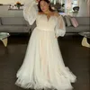 Romantic Boho Country Plus size Wedding Dress Bridal Gown Ivory Tulle Champagne Satin Off the shoulder Detachable Poet Sleeves Ple2586