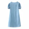 Kvinnor Vintage V Neck Puff Sleeve Denim Midi Klänning Kvinnlig Singel Breasted Split Vestido Chic Casual Slim Dresses DS3934 210420