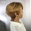 Honey Blonde Color Wavy Human Hair Wig With Bangs Short Bob Pixie Cut No Lace Front Wigs For Women