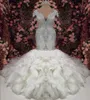 Luxur Crystal Mermaid Arabic Wedding Dress 2023 Brudklänningar Pärlor Ruffles Court Train Illusion Back Robe de Mariage FF55