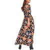 Kobiety Sukienka Kwiatowy Drukuj Wysoka Talia Boho Trzy Czwarty Rękaw Turn-Down Collar Maxi Eleganckie Damskie Odzież 210522