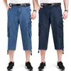 Calças de calças de brim dos homens calções de verão multi lado bolso casual Bermuda masculino Long Long Blue Denim Solto Carga Shorts Homens 210329