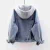 Women Denim Short Jacket Female Oversize Outerwear Loose BF Hooded Jeans Coat Big Pocket Tops Spring Autumn 211126