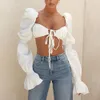 Jocoo Jolee Chemise Élégante Sexy Dos Nu Froncé Blanc Crop Tops Femmes Flare À Manches Longues Cravate Avant Blouse Femme Casual Blusas 210518