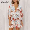 Foridol Wide Leg Floral Print Summer Boho Rompers Salopette Femmes V Cou Batwing Manches Bouton Casual Loose Playsuits Beach 210415