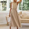 Aproms Elegant Cotton Linen Midi Dress Women Summer Fashion Sundresses Lady Casual Backless Crossover Basic A-line Dresses 210630