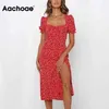 Aachoae Elegantes Kleid mit Blumendruck vorne geteiltes Party-Midikleid Schmetterling Kurzarm Vintage rotes Kleid A-Linie Sommerkleid Vestido 210730