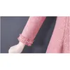 Autumn And Winter Ladies' Temperament Long-Sleeved Woolen Shiny Pink Dress Women's Knee-Length Beaded Vestidos 210520