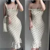 Verão Pastoral Storm Point Strap Dress Strapless Sem Mangas Slim Wellim Cintura Fishtail Dress Midi Vestido Chiffon Y0603