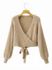 Vintage lantaarn lange mouwen mohair wrap trui vrouwen v-hals gebreide herfst winter Kahki fuzzy bijgesneden tops 210415