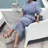 2021 brin et été nouvelle mode rayé croix Bandage Robe coton bleu fendu moulante grande taille nouvelle Robe Vestidos Femme Robe X0521