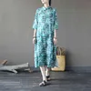 Johnature Women Chinese Style Dress Polka Dot Cheongsam Stand Seven Sleeve A-Line Button Summer Bomull Linne Klänningar 210521