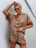 Brand Casual Women's Tracksuits Satin Silk och Short Sleeved Women's Wear Women's Top Loose With a Row of Button Casual and High midj