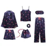 Chic Fruit Floral Print Shirt Pyjama Suits Elastische Taille Wide Been Shorts Broek Vrouwen Losse Lange Mouw Blouse Tops 7 Stuks Set 210429