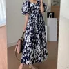 Vintage lange jurken vrouwen mode zomer elegante Koreaanse stijl blauwe print korte bladerdeeg mouw tuniek sundress vrouw 210421