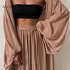 3 Pieces Set Sexy Summer Chiffon Shirt Dress Top+black Corset Crop Tops+Wide Leg Pants Loose Plus Size Women 3xl Clothing Set Y0625