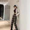 plaid Pant Casual Women Autumn Pants Clothes Loose Drawstring Clothing Fashion Black White Check Harem 210925