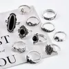 Cluster Rings European Lotus Elephant Love Crown Ring 11 Piece Set With Ancient Silve Inlaid Black Precious Stone For Female