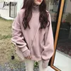 Jielur Koreanischer Stil Übergroße Hoodies Weibliche Winter Falsche Zwei Stücke Rollkragen Damen Sweatshirt Lose Dicke Fleece Pullover 211109