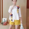 夏の短い2ピースセット女性隠された胸緩いシャツトップ+黄色の広い脚のミニパンツ女性作業ホームファッションスーツ210506