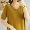 Beiyingni Coton Lin Tricoté T-shirt Femmes Lâche Loisirs Sertissage Haute Élastique Femme T-shirt Hipster Tshirt Dames Top Roupas 210416