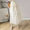 Beiyingni Lace Tulle Юбка Женщины Сплошные Летние Длинные Белые Черные TUTU Юбки Линия Юбка Лайды Элегантная Высокая Талия Эластичные Фалды 210416