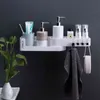 Banheiro Canto Chuveiro Prateleira com 4 Gancho Montado para Shampoo Organize Armazenamento de Cozinha Auto-adesivo Rotatable 211112