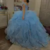 Princess Light Sky Blue Puffy TquineAnera Платья Ball Clange Кружева V Шеи Tulle Prom Proms Rows Ruffles Пользовательские Формальные вечеринки Носит