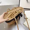 Resort Style Straw Bag Women's Khaki Beach Woven Shoulder Bag Ribbon Bow Adorn Hand Basket Summer Handbag304M