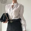 Elegant kontor Lady Korean Chic White Long Women Blouse Fashion Stand Collar Lantern Sleeve Shirt Button Toppar 12715 210417
