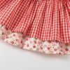 Spanska stil barn klänningar för flickor broderi jordgubbe plaid båge ärmlös prinsessa baby kläder e9127 210610