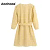 Sommer Plaid Chic Wrap Frauen V-ausschnitt Elegante Mini Kleider Damen A-linie Drei Viertel Hülse Vintage Kleid 210413
